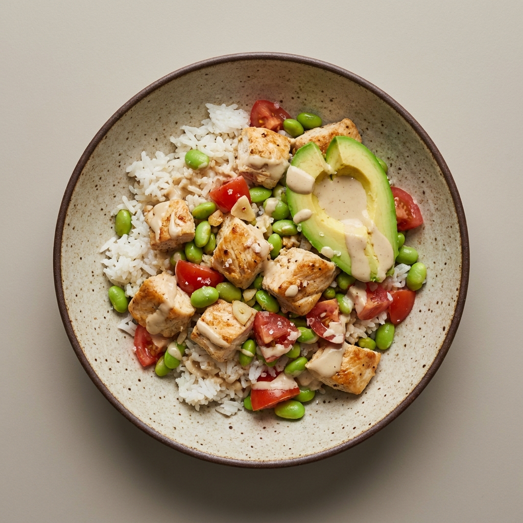 Bowl de arroz con pechuga de pollo, edamame, jitomate y aguacate, con aderezo de tahini