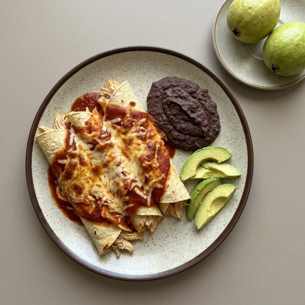 Enchiladas rojas gratinadas con pollo, acompañada de frijol, y aguacate, con guayaba de postre