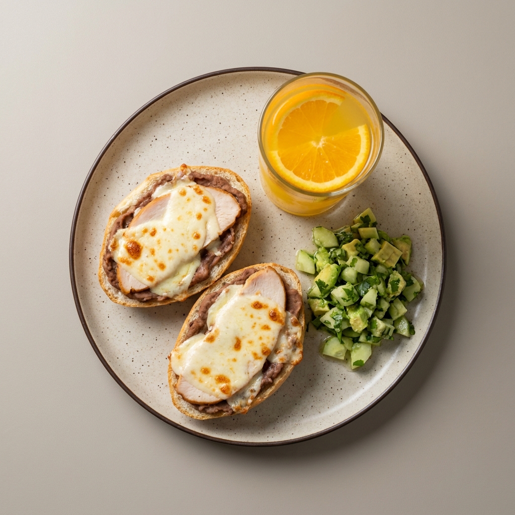 Molletes gratinados con pechuga de pavo horneada, salsa de pepino y aguacate, con agua de naranja