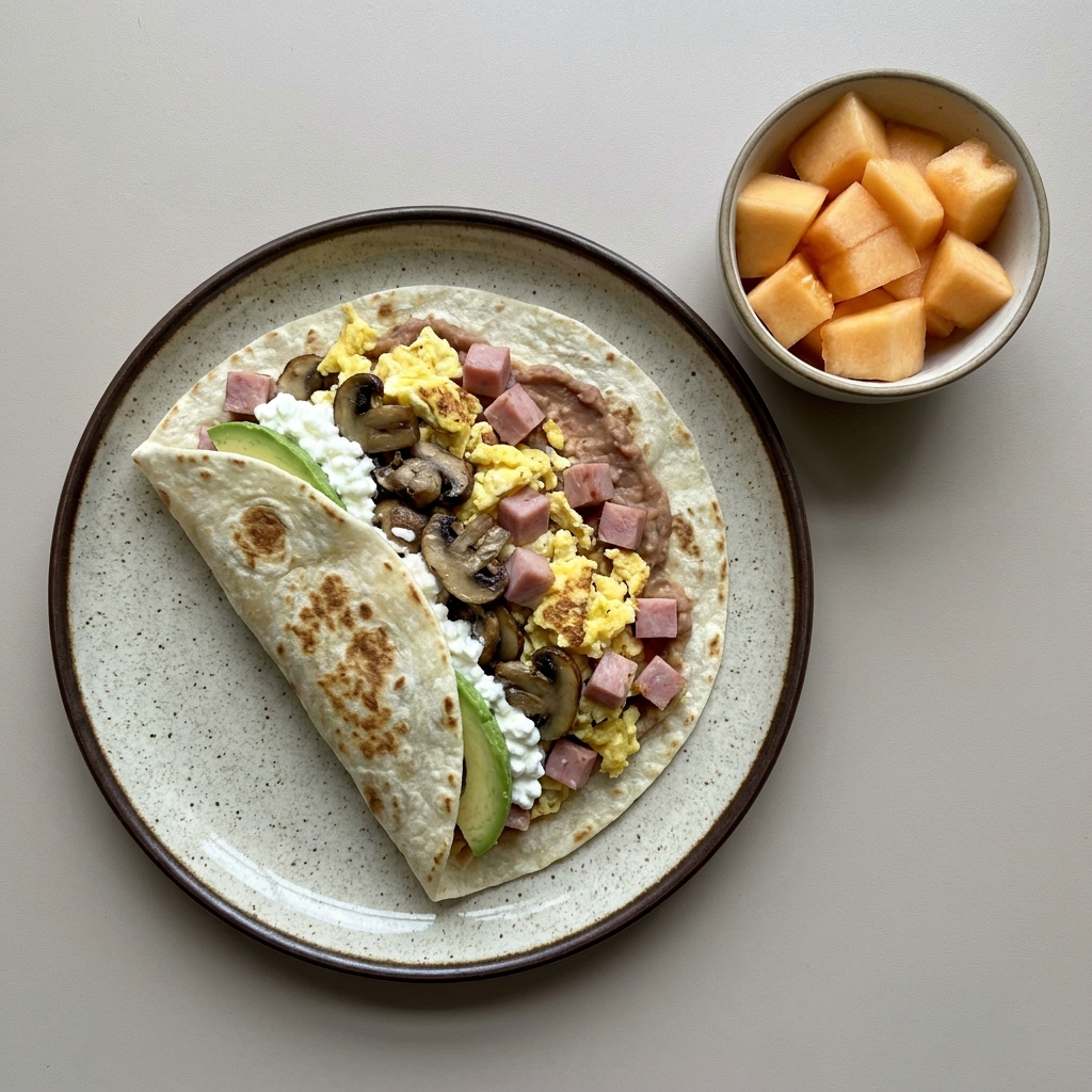 Burrito de huevo con jamón, requesón y champiñón, con frijoles refritos y aguacate.