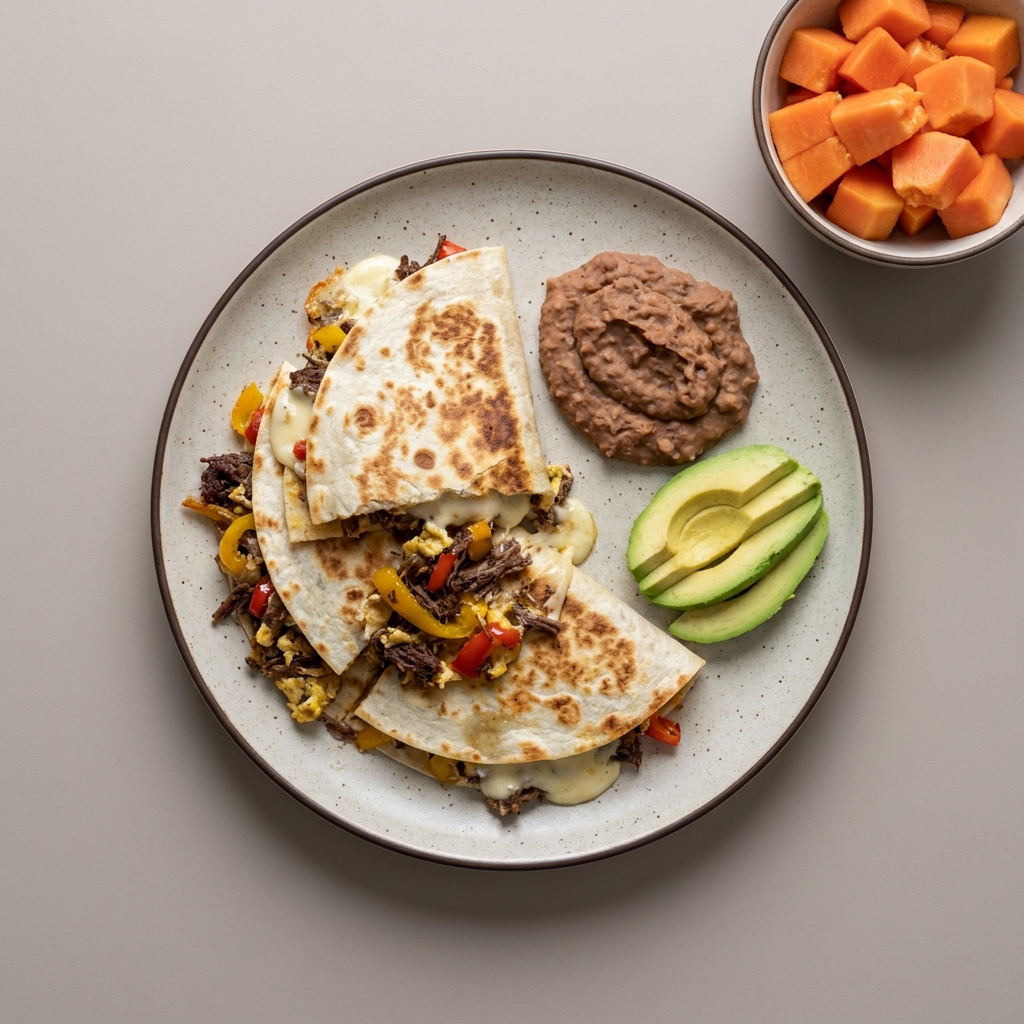 Quesadillas con machaca de res, pimiento de color, frijoles y aguacate, acompañadas de papaya picada