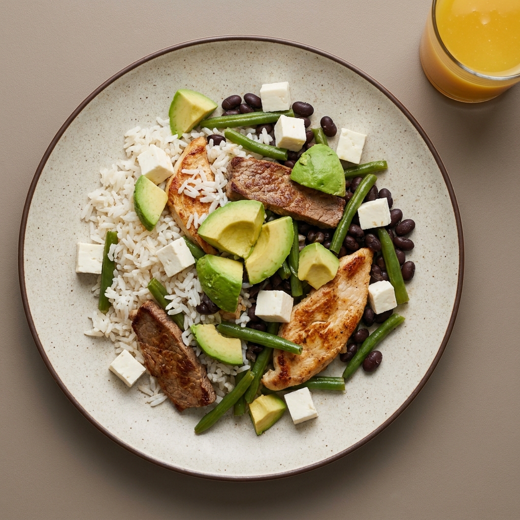 Bowl de arroz con bistec bola, pechuga de pollo y queso panela, acompañado con agua de mango