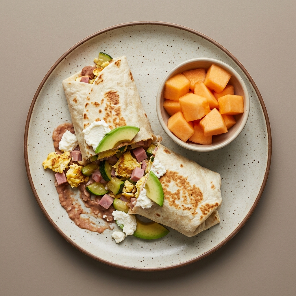 Burrito de frijoles con huevo, requesón, calabacita y aguacate,  acompañado de bowl de melón picado
