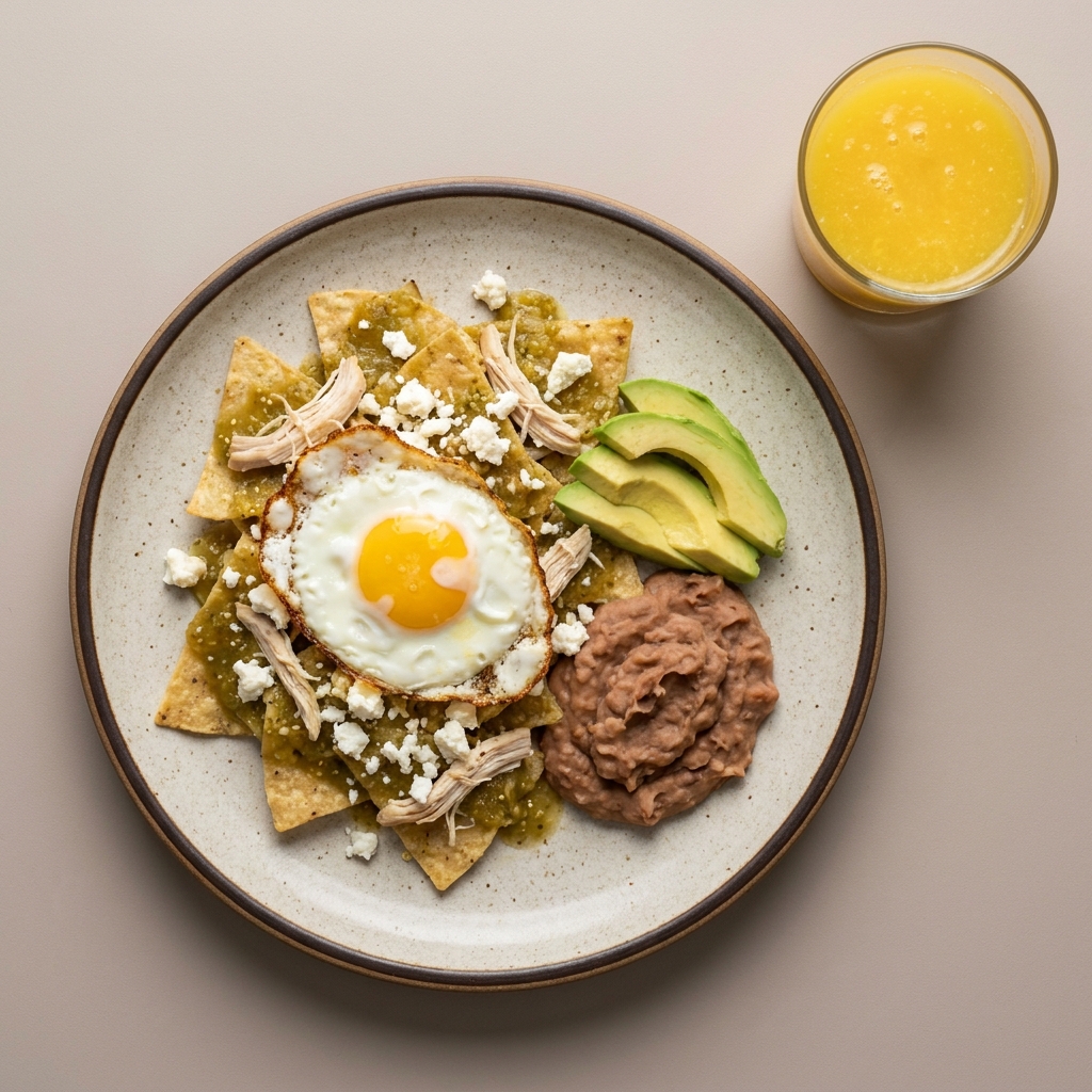 Chilaquiles verdes con pechuga de pollo, queso fresco y huevo estrellado, con frijol, y aguacate, acompañados de agua de mango