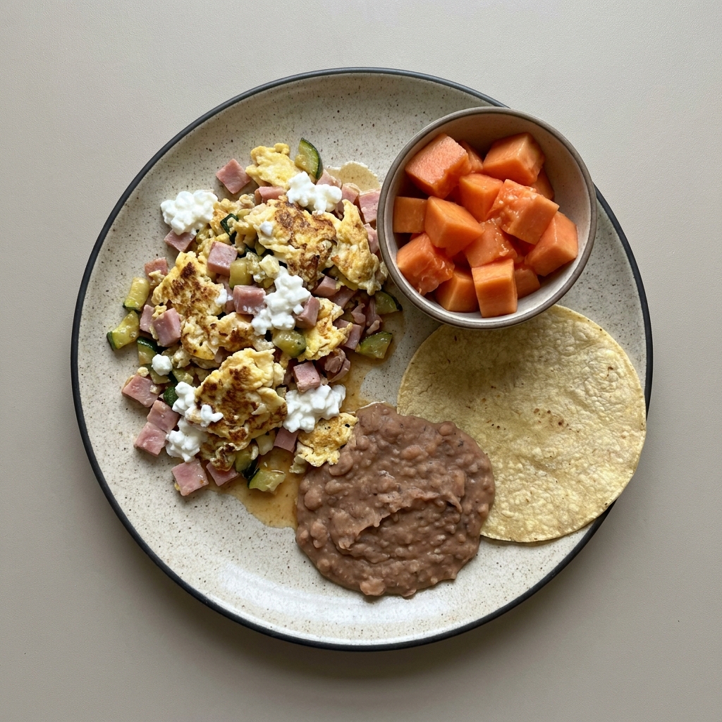 Huevos revueltos con frijoles acompañados de bowl de papaya picada