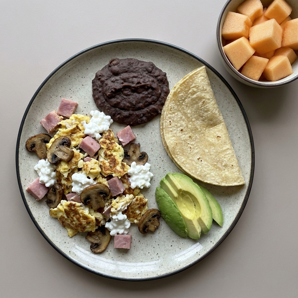 Huevos revueltos con jamón, frijoles y aguacate, acompañados de bowl de melón picado