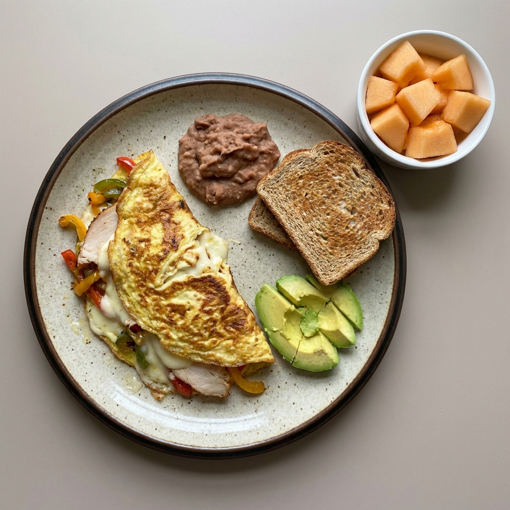 Omelette de queso, pechuga de pavo con pimiento, y aguacate, acompañado de melón