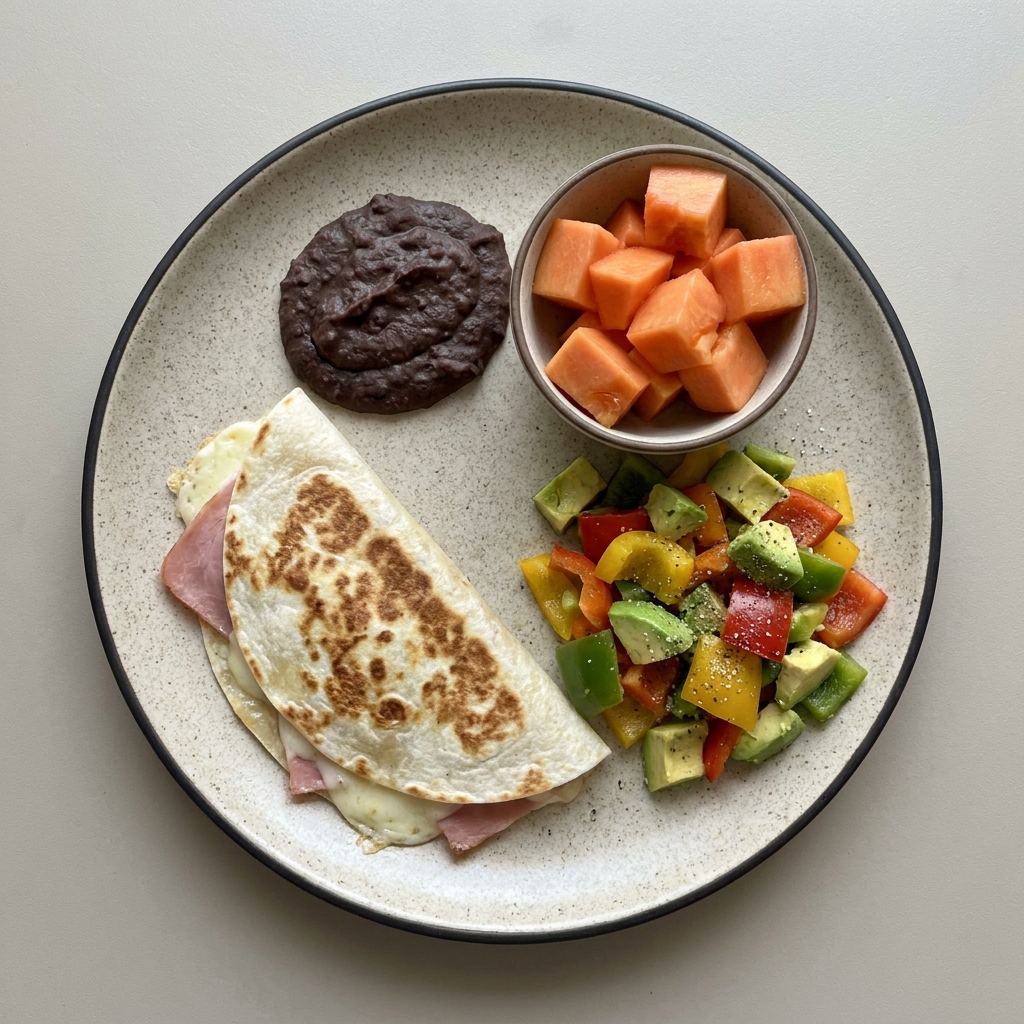 Quesadillas de jamón, frijoles y ensalada de pimiento con aguacate acompañadas de bowl de papaya