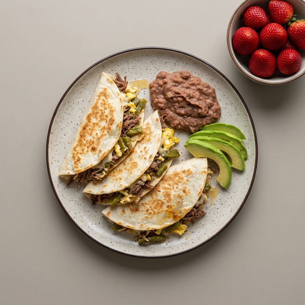 Quesadillas con machaca de res y nopales, frijoles refritos y aguacate, acompañados de bowl de fresas