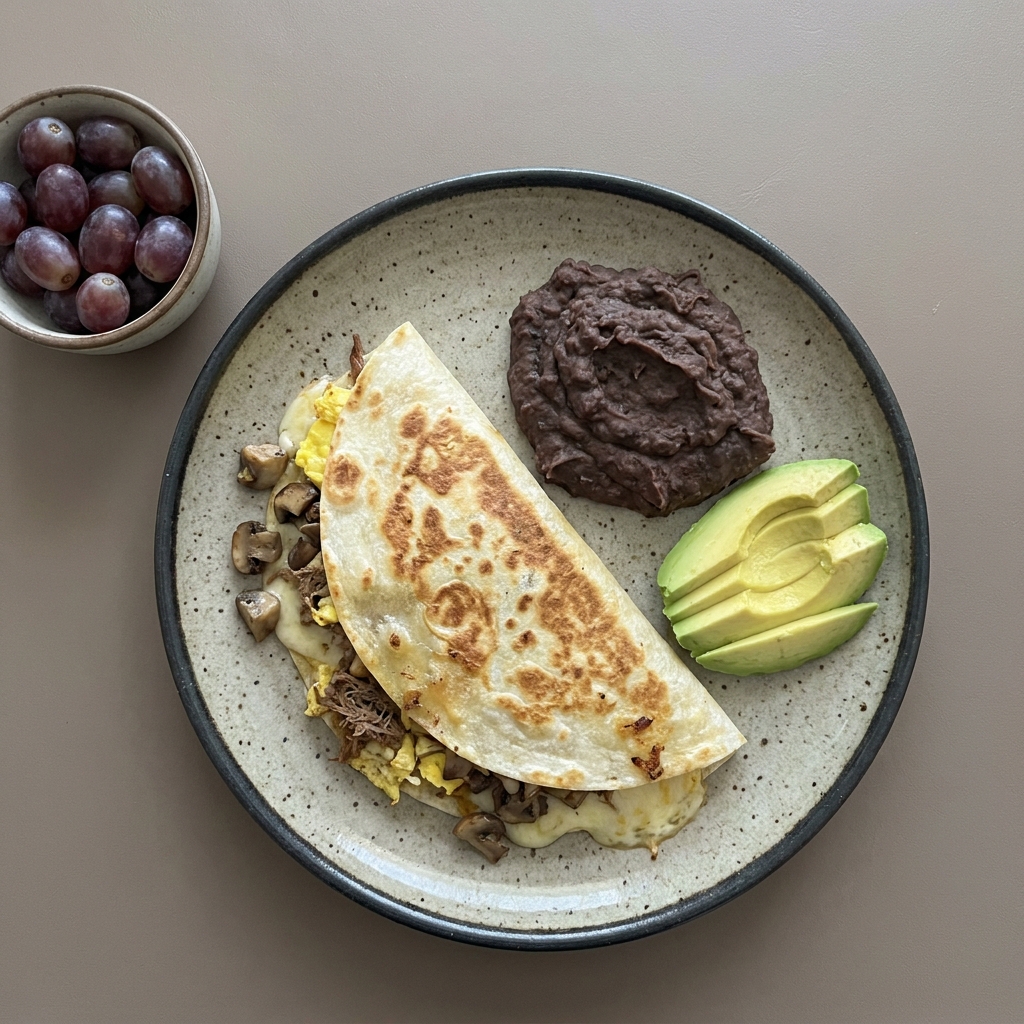 Quesadillas con machaca de res y champiñón, frijoles refritos y aguacate, acompañadas bowl de uvas
