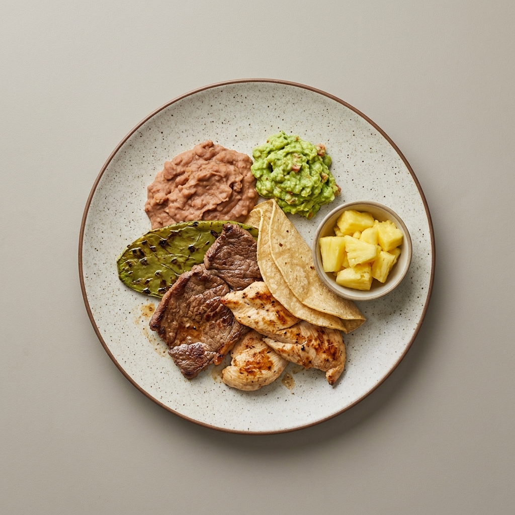 Parrillada mixta de bistec, y pollo con nopal asado, frijoles, tortilla de maíz y guacamole acompañada de piña picada