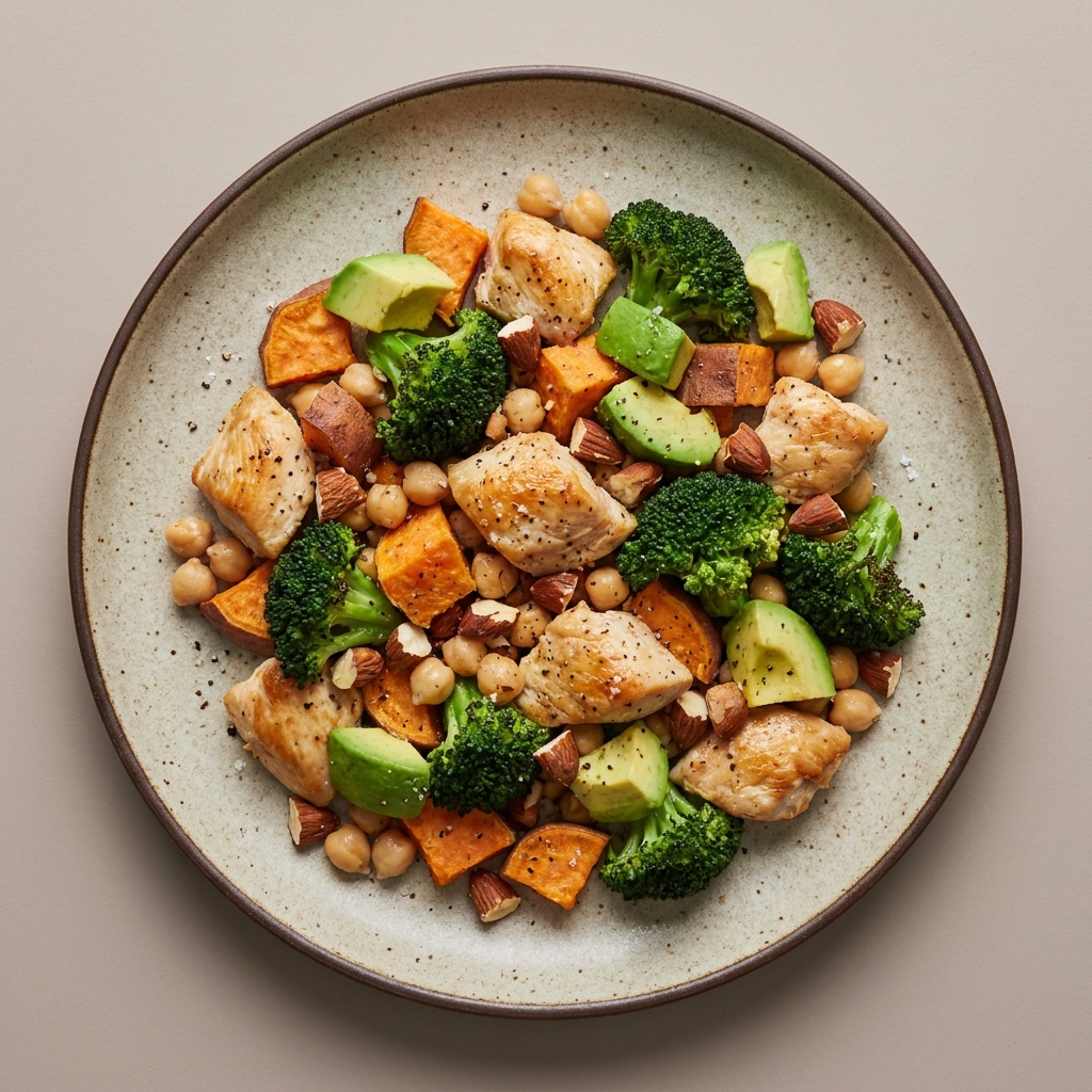 Ensalada de pechuga de pollo con brócoli, camote, garbanzo, y almendra