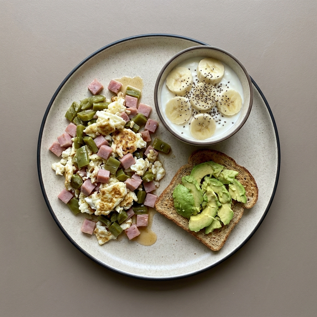 Claras revueltas con jamón, nopal y pan integral con aguacate + bowl de yogurt  chía y plátano