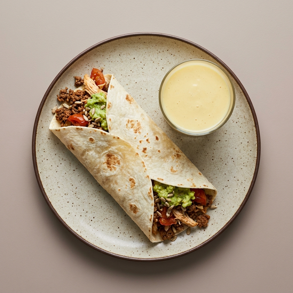 Burrito de pechuga de pollo, jitomate y guacamole + licuado de mango