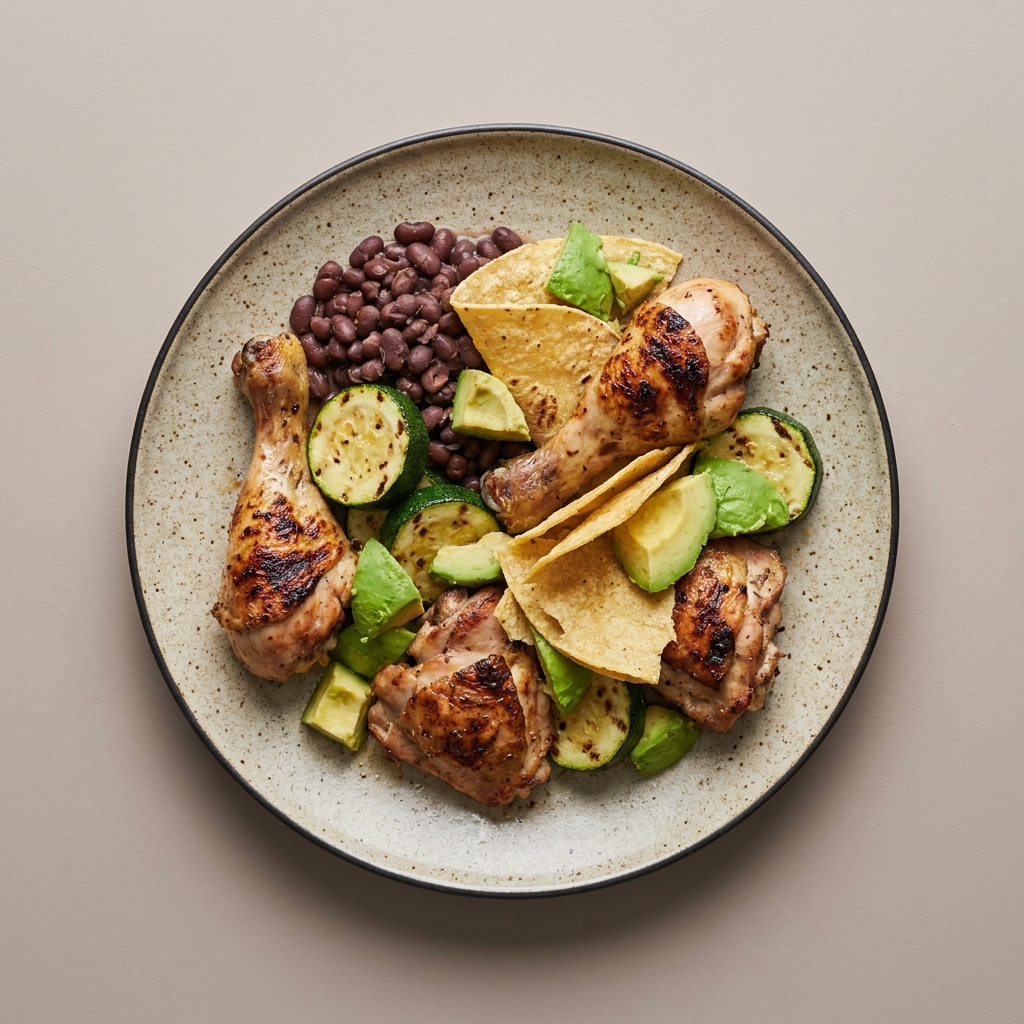 Parrillada de pollo con calabacita, frijol y aguacate