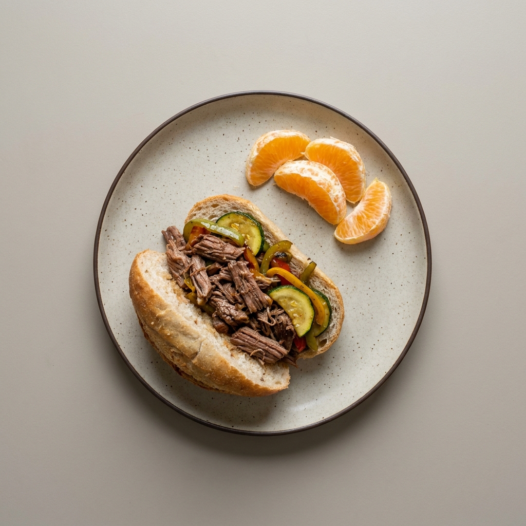 Sandwich de carne res deshebrada con calabacita y pimientos + naranja de postre