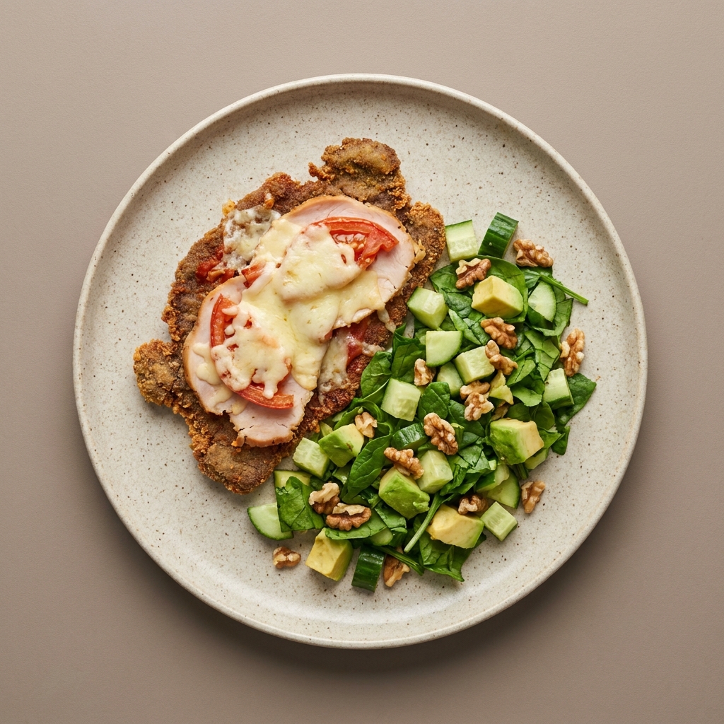 Milanesa napolitana de res con pavo y mozzarella con ensalada