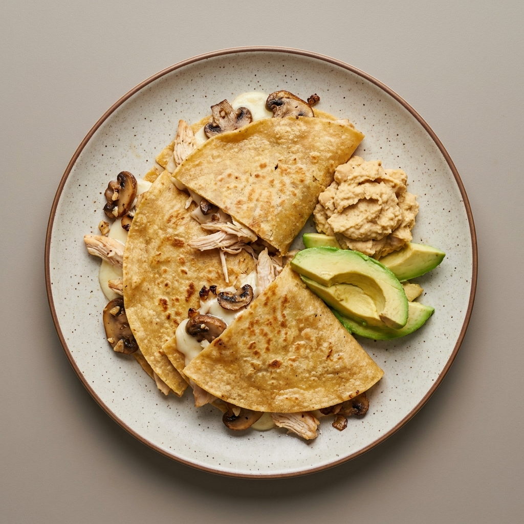 Quesadillas de queso oaxaca light y pechuga de pollo deshebrada con champiñones