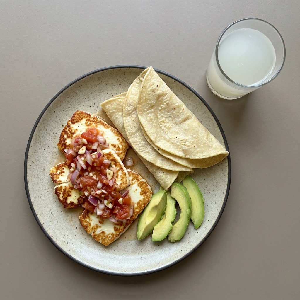 Queso panela en salsa de jitomate, aguacate y tortilla de maíz + agua de guayaba