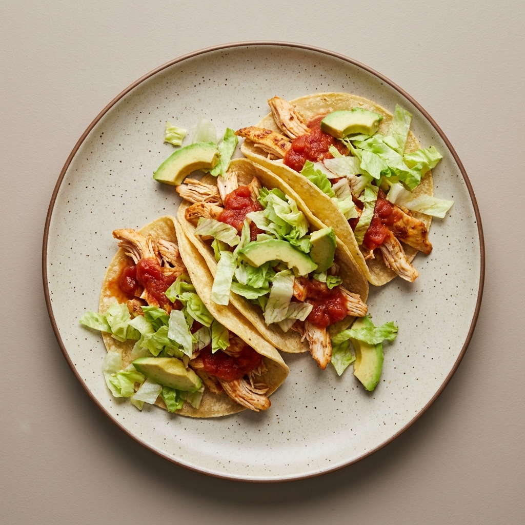 Tacos de pollo en salsa roja con lechuga y aguacate