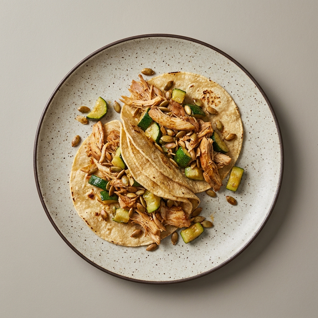 Tacos de pollo con calabacita y pepita de calabaza