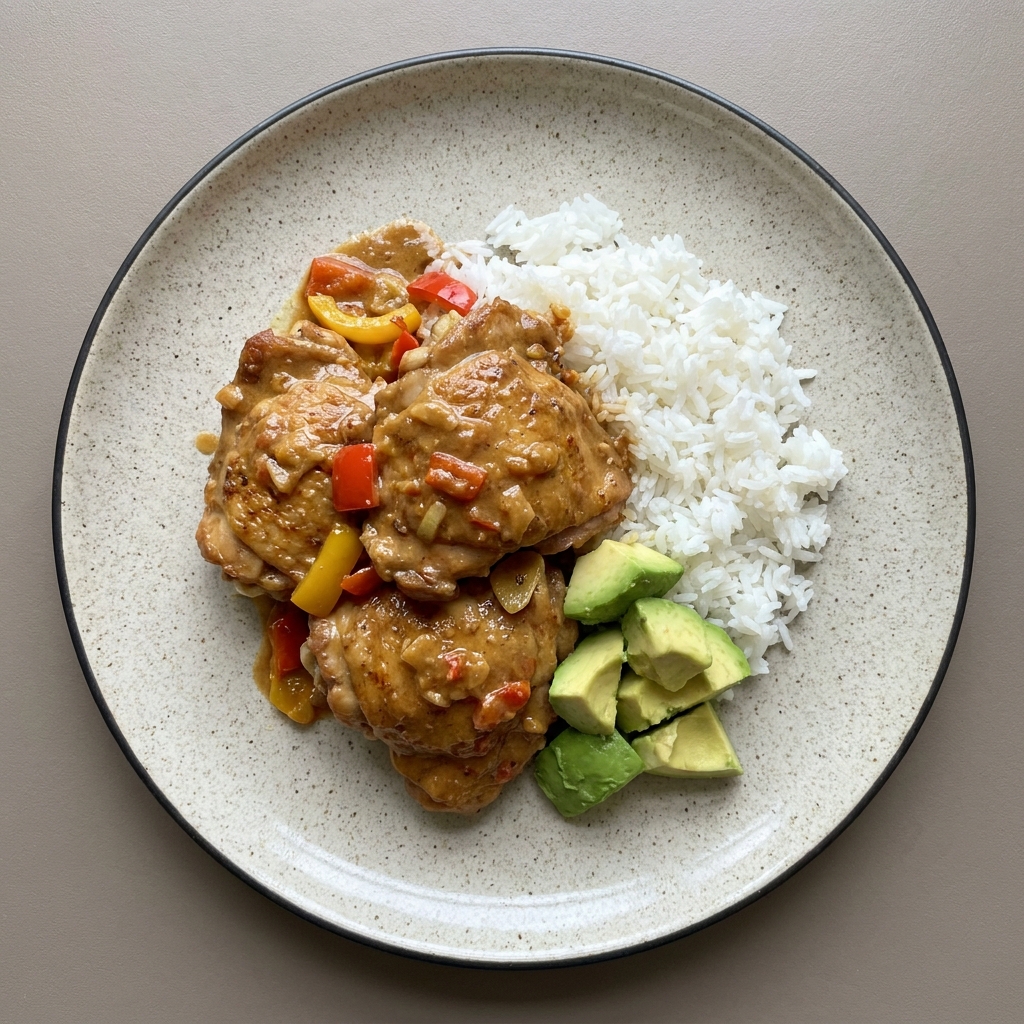 Pollo en salsa satay de crema de cacahuate natural con pimiento de color y aguacate, con arroz