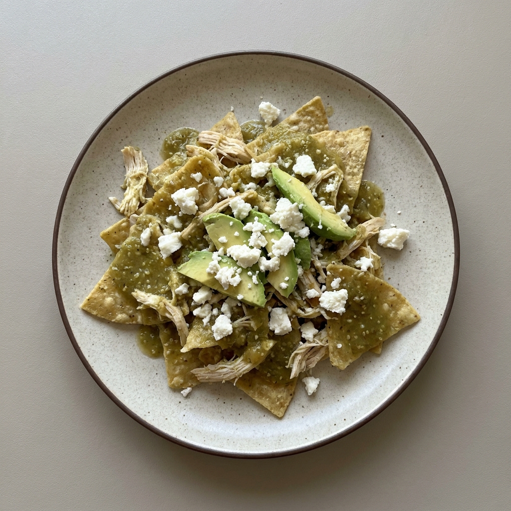 Chilaquiles de pollo y queso panela con aguacate