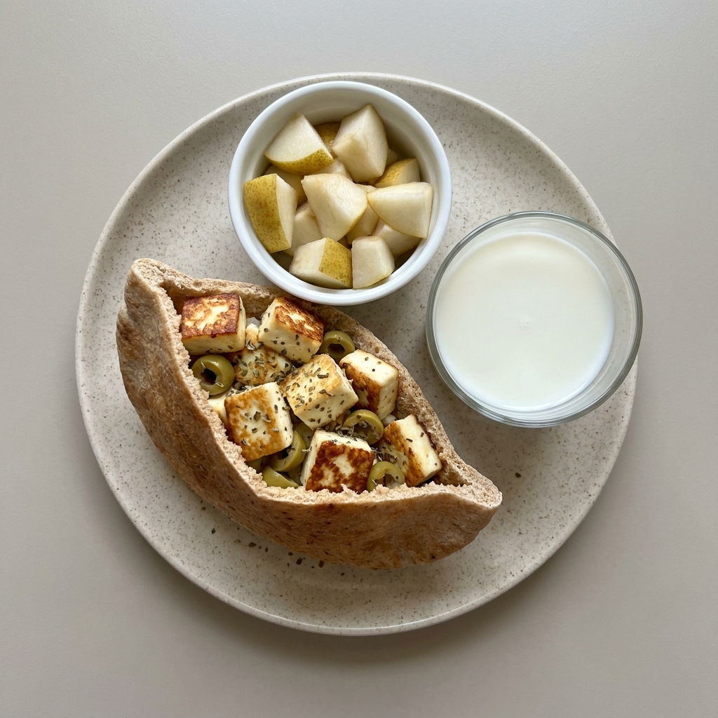 Pan árabe integral con queso panela y aceituna verde, con bowl de pera y vaso de leche
