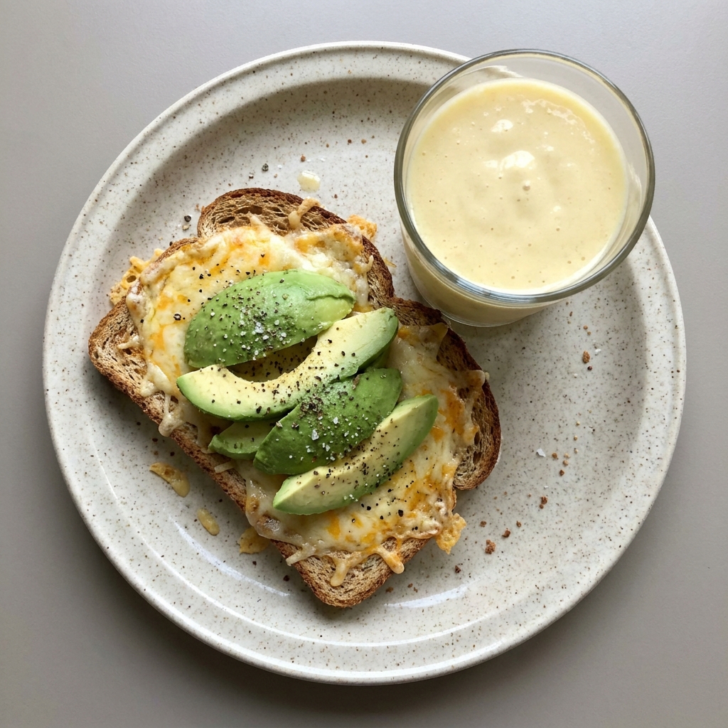 Pan integral gratinado con queso y aguacate + licuado de plátano