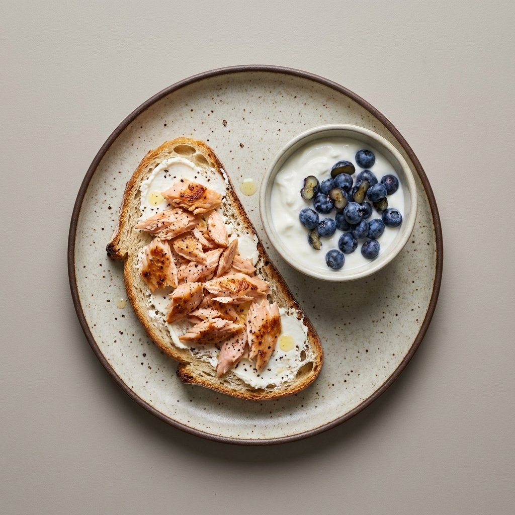 Pan de masa madre con salmón y queso crema, con bowl de yogurt y arándano