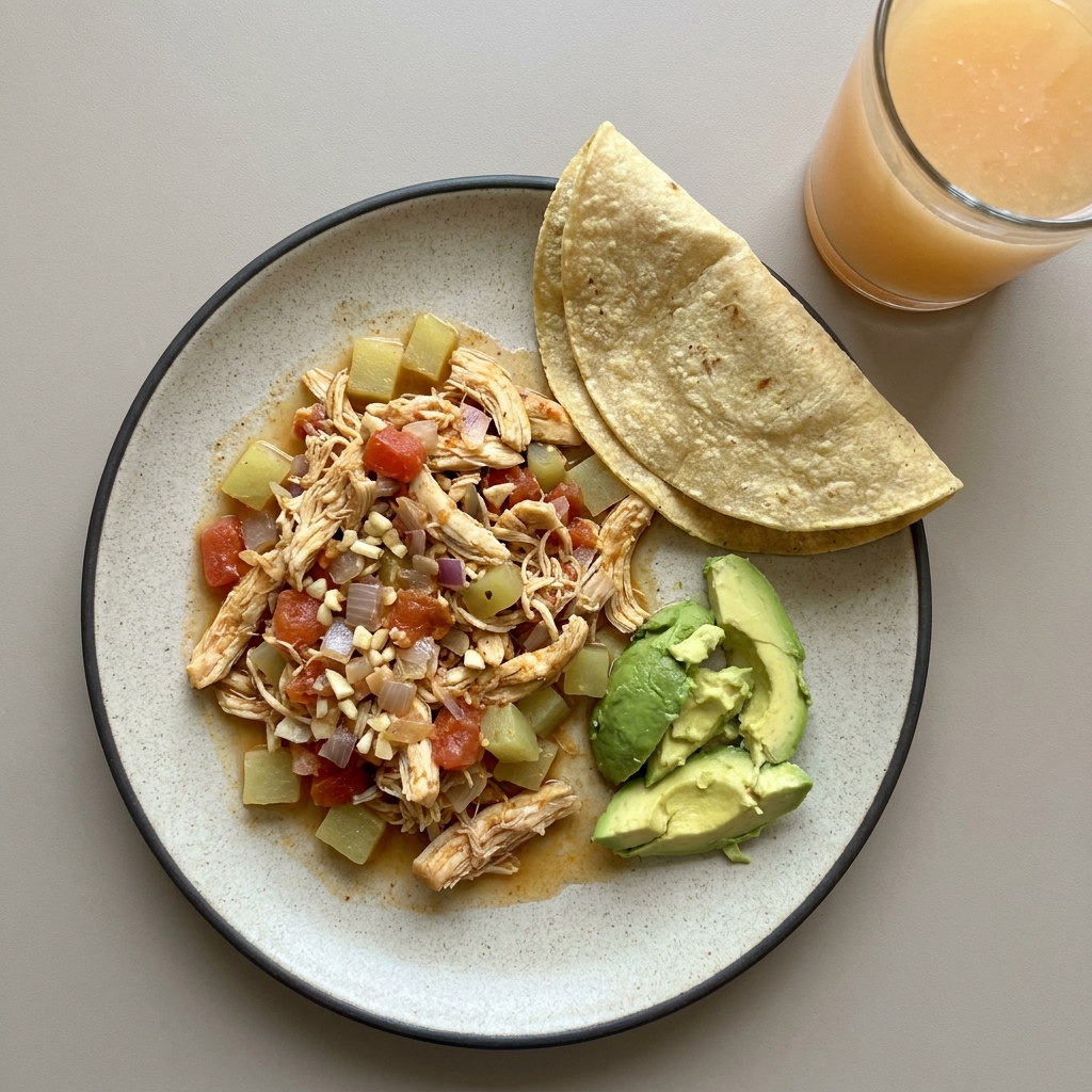 Pollo a la mexicana con chayote y aguacate + agua de melón