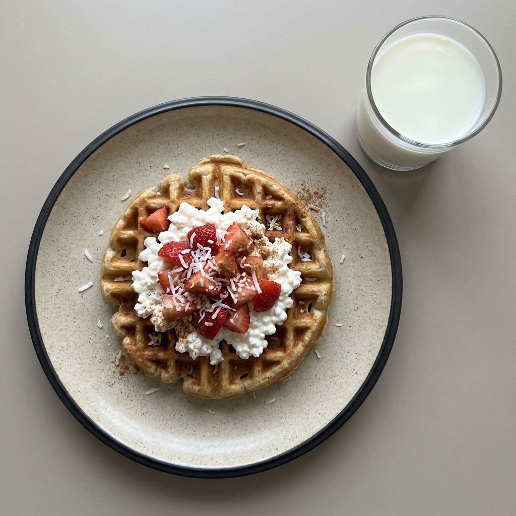 Waffle con cottage, fresa y coco, con vaso de leche