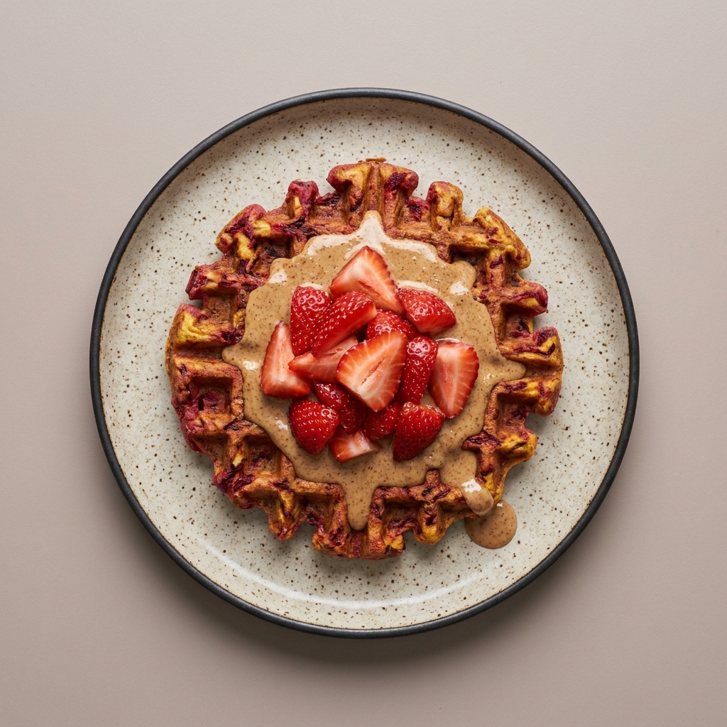Waffle de betabel y fresa con crema de almendras