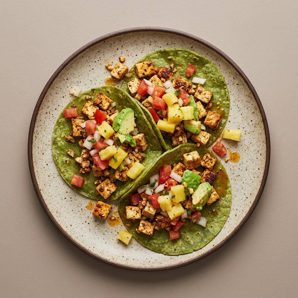 Tacos de tofu tipo al pastor con tortilla de nopal