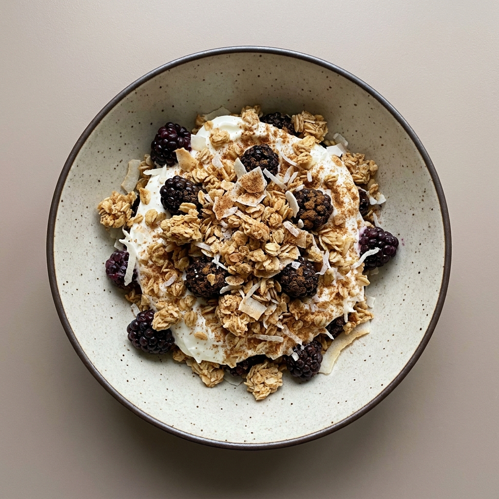 Bowl de yogurt griego con zarzamoras, coco rallado y granola