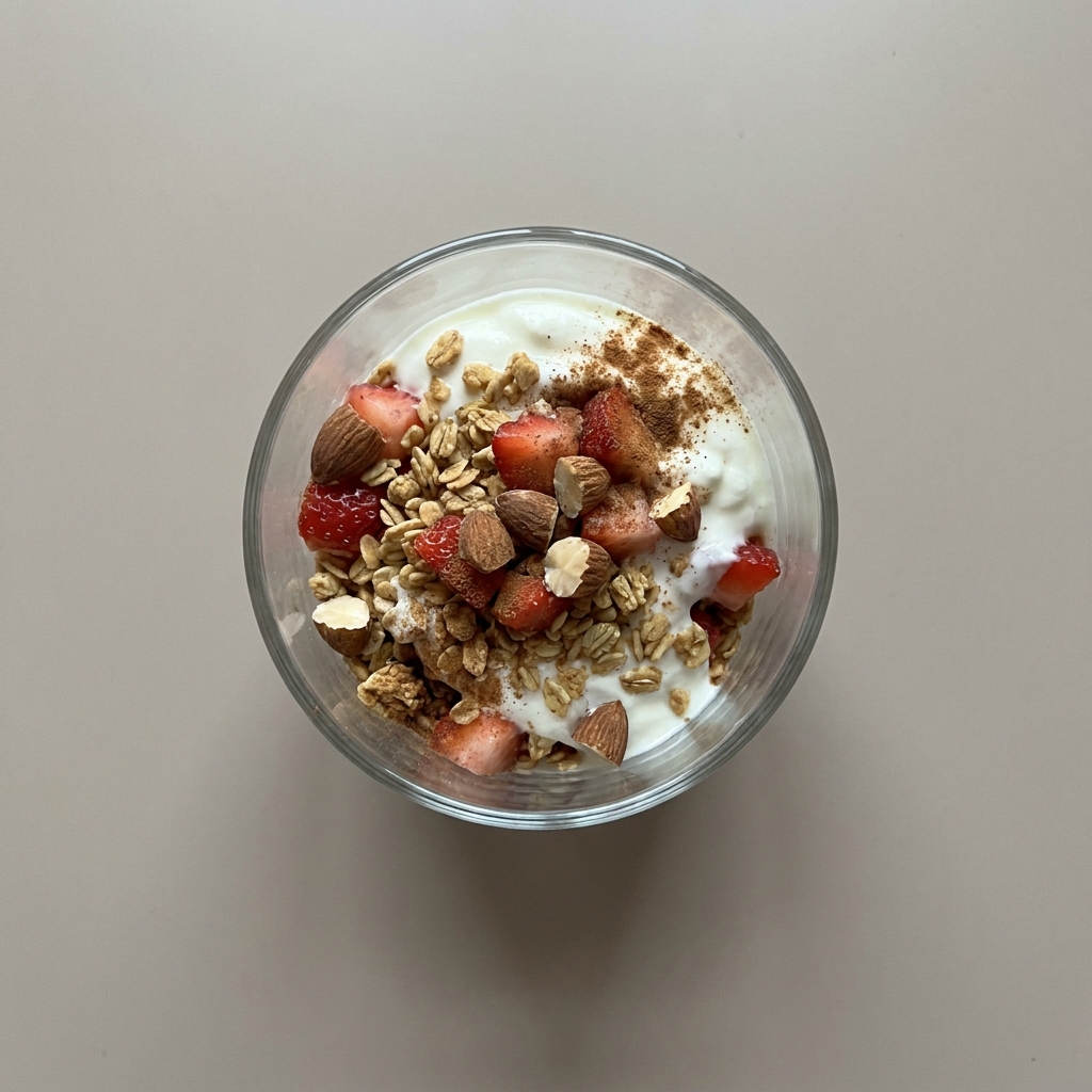 Parfait de yogurt con granola, fresa y almendras