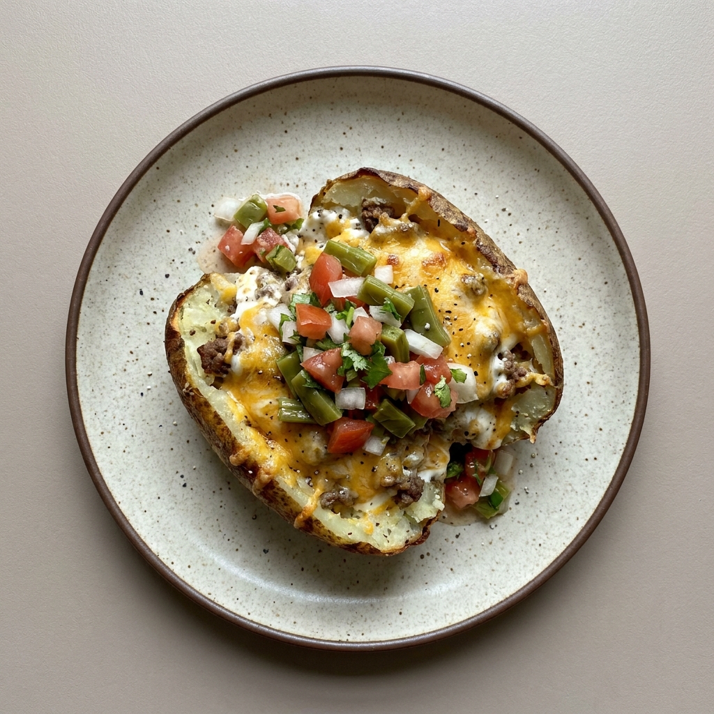 Papa al horno rellena de carne y queso con crema con pico de gallo