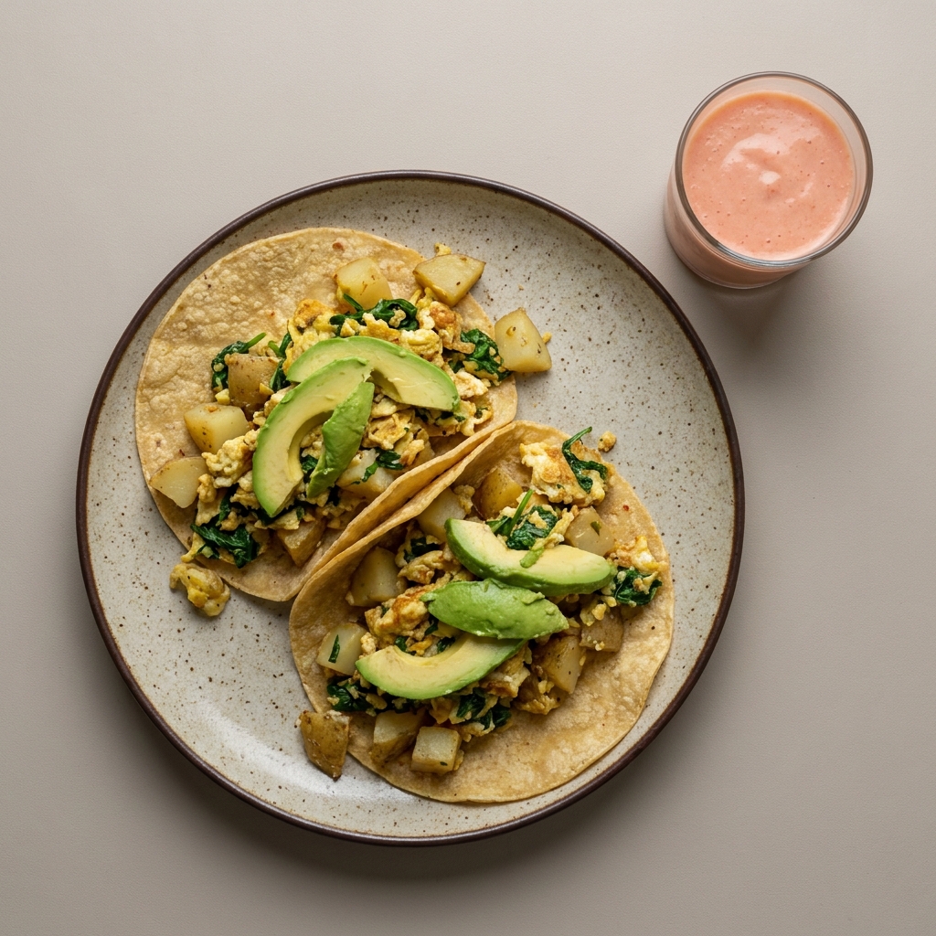 Tacos de huevo con papa y nopal + frappe de guayaba y yogurt griego