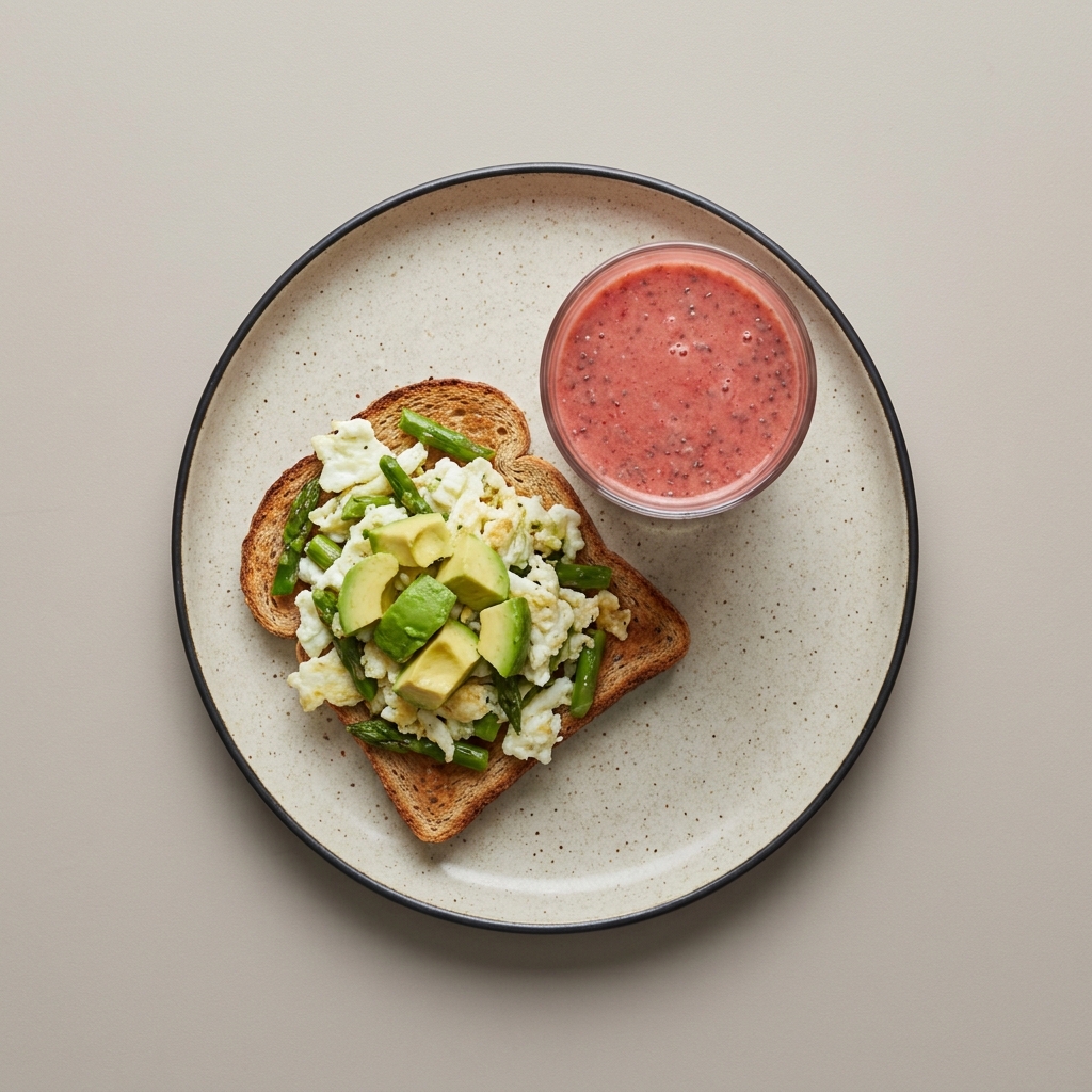 Toast de claras revueltas con espagarros y aguacate + Licuado de fresa con chia