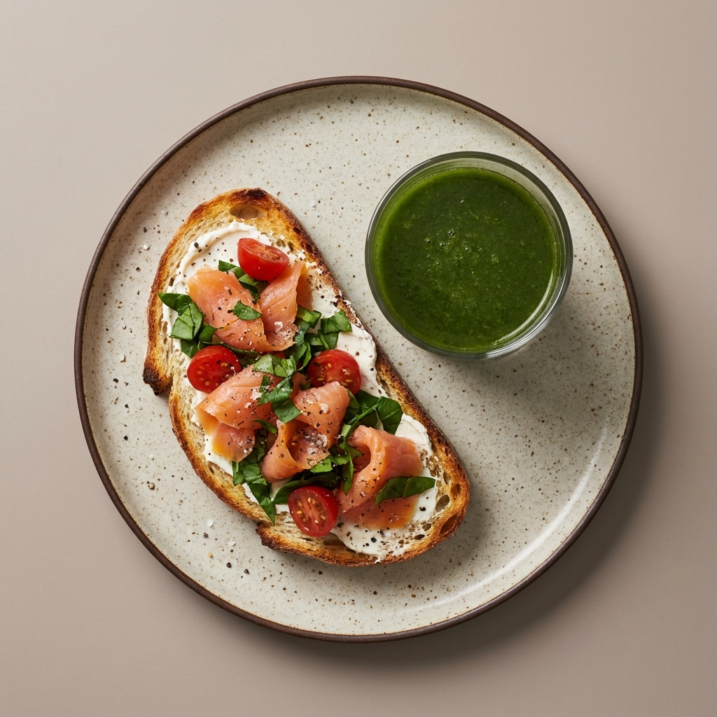 Pan de masa madre con salmón y tomate cherries + jugo verde