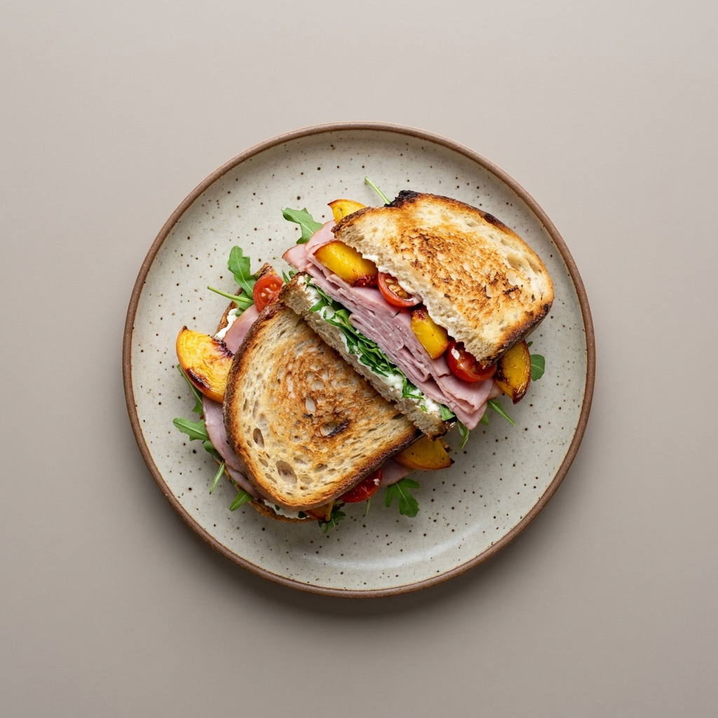 Sandwich de masa madre de jamón, arugula y durazno asado