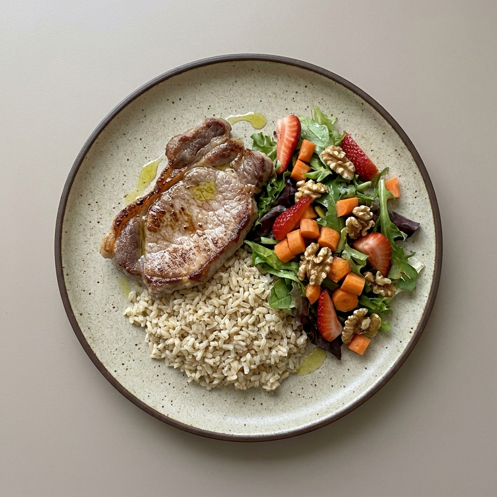 Lomo a la plancha con arroz integral y ensalada verde