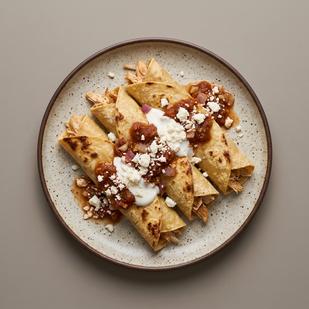 Flautas de pollo con salsa de jitomate, crema y queso
