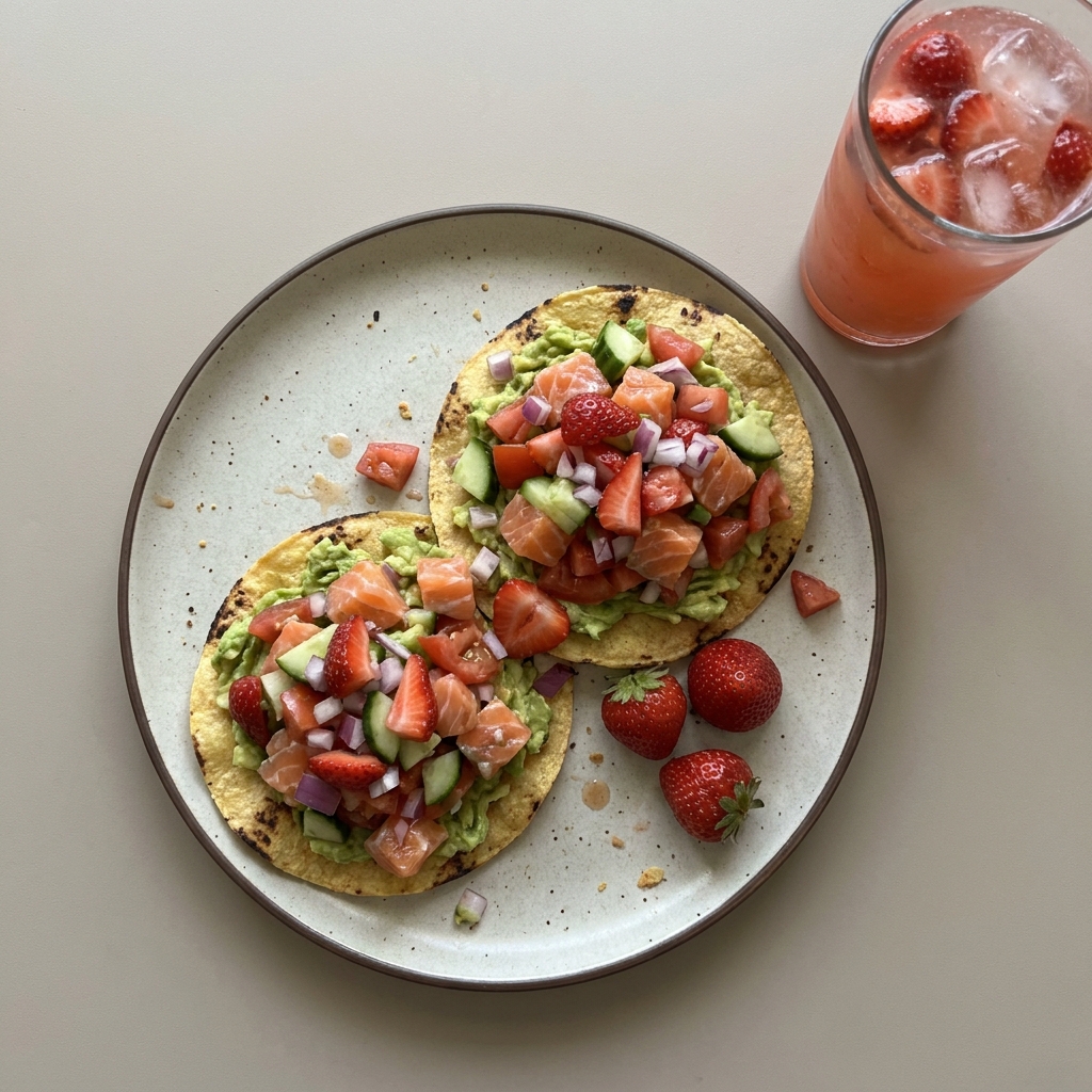 Tostada de salmón con aguacate y jitomate + agua de fresa