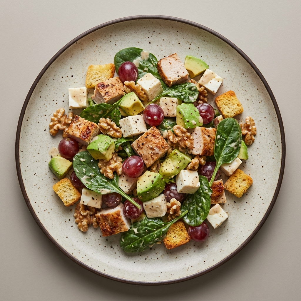 Ensalada de queso panela y pechuga de pavo con nuez, espinaca, aguacate y uvas