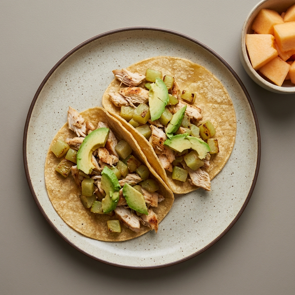 Tacos de pechuga de pollo con chayote y bowl de melón