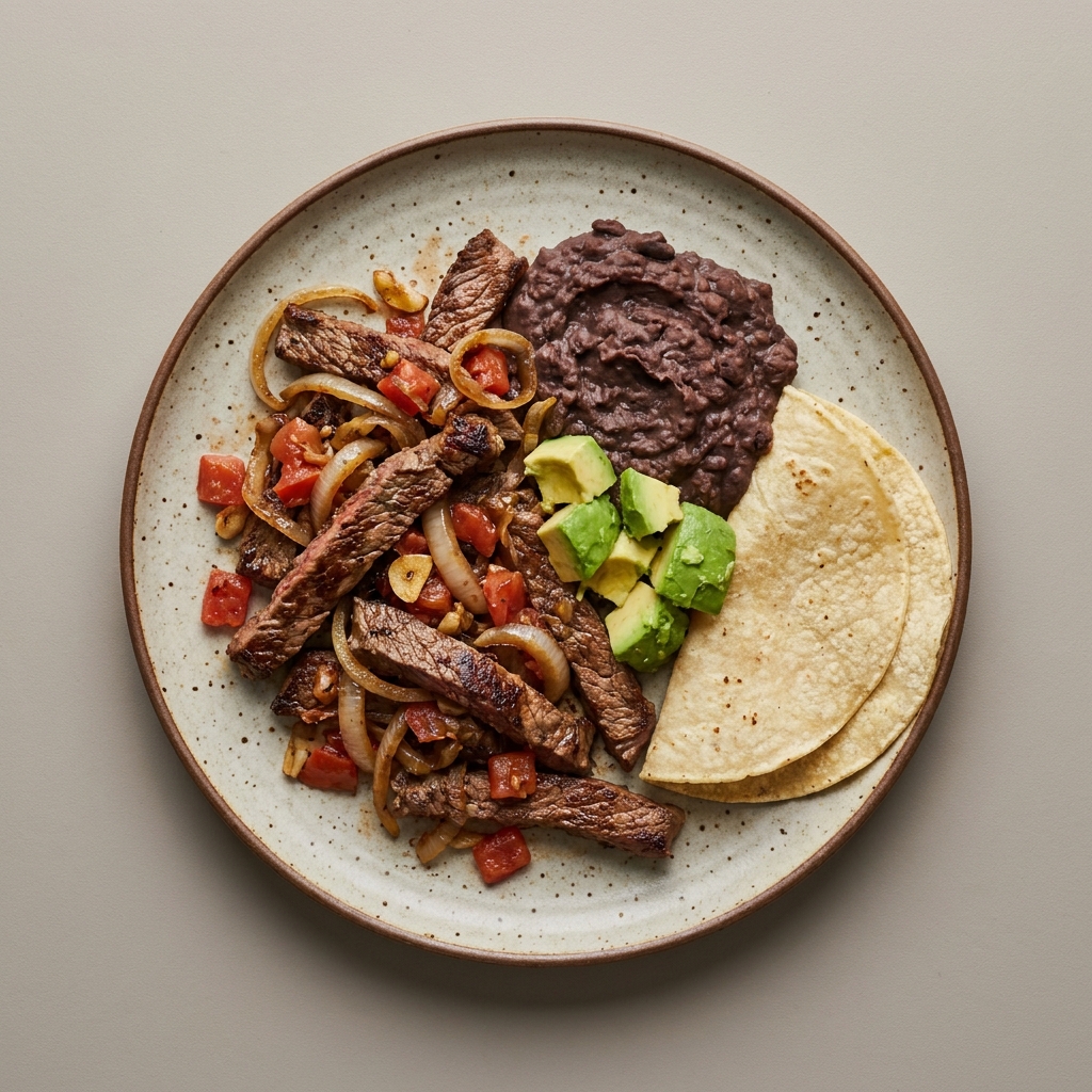 Arrachera de res revuelto con jitomate, frijoles y aguacate