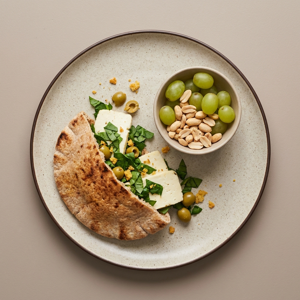 Pan árabe integral con queso panela y aceituna verde + bowl de uvas y cacahuates