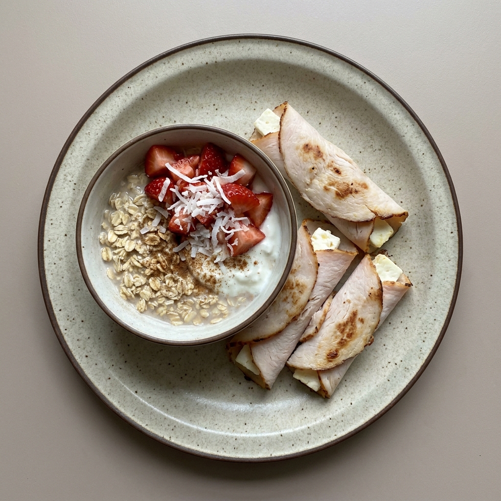 Avena en yogurt con fresa y coco rallado, acompañada de rollitos pavo con queso