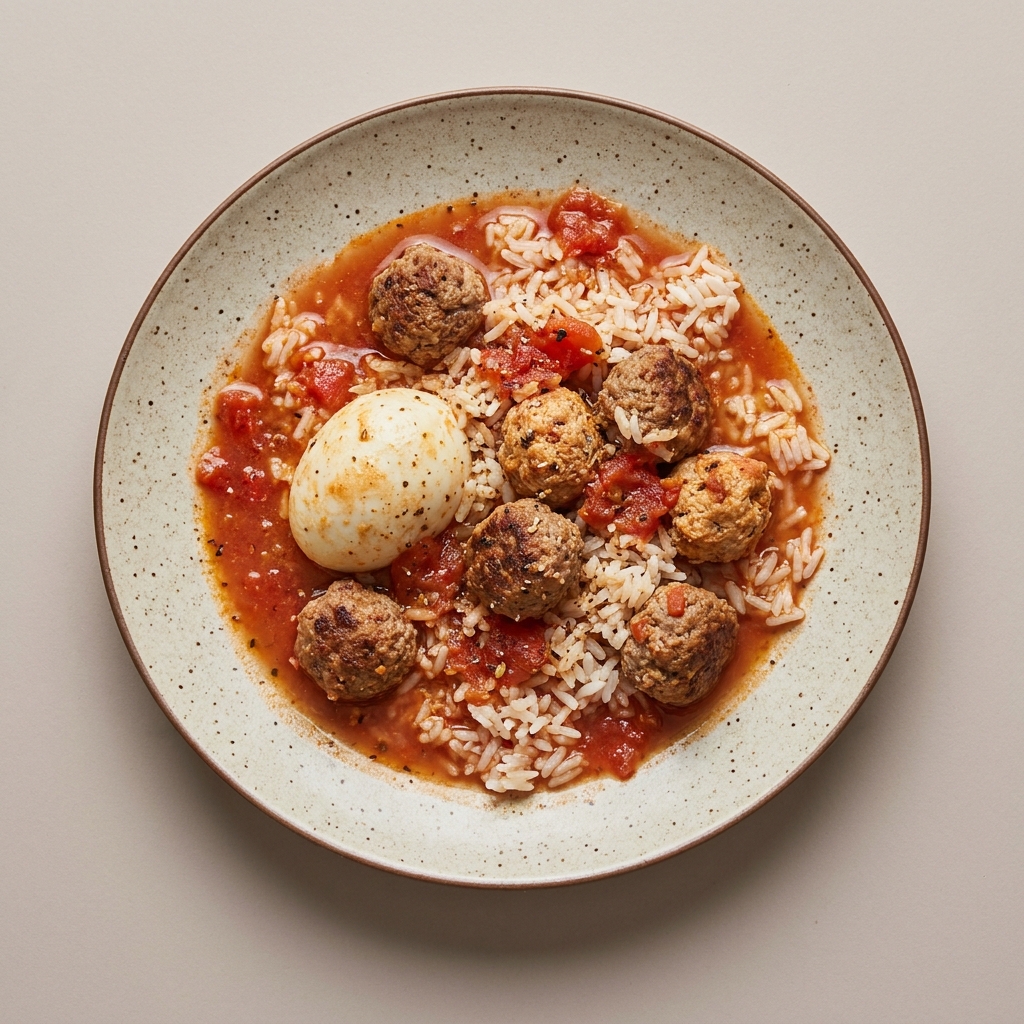 Albóndigas de res molida magra, carne molida de pavo y huevo entero en caldillo de jitomate, con arroz